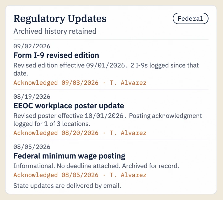 Close-up of the concept’s Regulatory Updates panel: three made-up federal updates (a Form I-9 edition, an EEOC poster and a minimum wage posting), each with the date it was acknowledged and who acknowledged it. Sample data, not real rule changes.